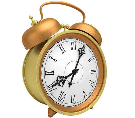 Antiquarian bronze alarm clock with a hand bell isolated on a white backgroundの写真素材