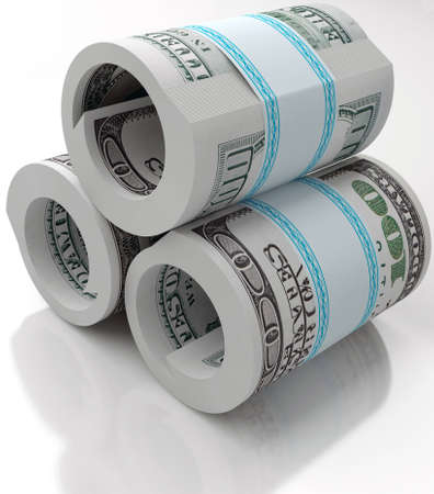 Cash dollars curtailed into a roll isolated on a white backgroundの写真素材