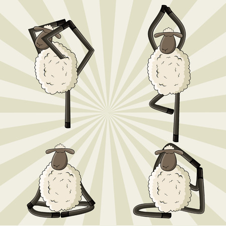 Yoga sheep standing in different poses. Vector illustrationのイラスト素材