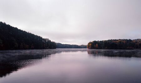 The Connecticut River at Dawn with Trees Hanging over Rivers Edgeの写真素材