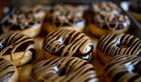Chocolate covered vegan donuts on a tray.