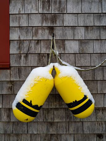 Two fenders covered in snow hang from a cedar shingled wall.の写真素材