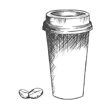 Take away coffee cup and coffee beans. Hand drawn vector illustration, black and white, sketch style, isolated on white background.のイラスト素材