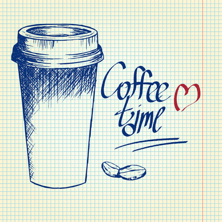 Take away coffee cup and coffee beans. Hand drawn vector illustration, blue, sketch style, notebook background.のイラスト素材