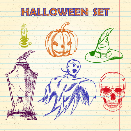 Set of Halloween characters and objects, notebook background. Hand drawn holiday symbols.のイラスト素材
