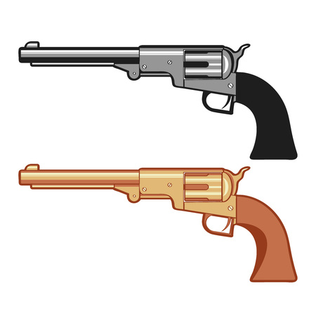 Silver and gold Vector Revolver Gun isolated on white, vector cartoon illustration.のイラスト素材