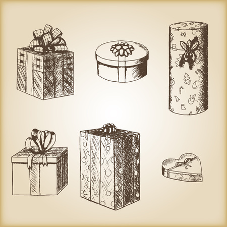 Brown vintage sketch - vector hand drawn gift boxes.のイラスト素材