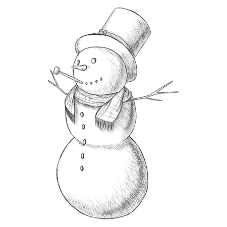 Christmas hand drawn pen vector illustration - snowman in tall hat with pipe, vintage style. Isolated on white background.のイラスト素材