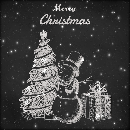 Christmas or New year hand drawn vector illustration. Snowman in tall hat, xmas tree and gift box sketch, vintage style. Grunge blackboard background with snow.のイラスト素材