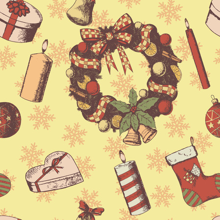 Christmas or New year hand drawn colored vector seamless pattern. Attributes and Symbols sketch, vintage style, wreath, ornaments, gifts, candles, sock. Bright brown grunge paper background. Background in snowflakes.のイラスト素材