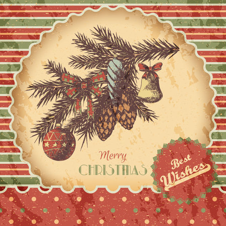 Christmas or New year hand drawn colored vector illustration - card, poster. Fir branch with ornaments, vintage sketch style. Red and green classic paper background.のイラスト素材