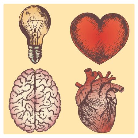 Hand drawn vector sketch illustration set - brain, love and naturalistic heart, light bulb, yellow background.のイラスト素材