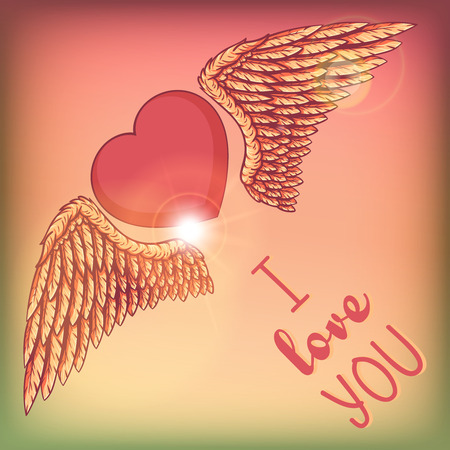 Cartoon style layered vector illustration - creative vintage tee shirt apparel print poster design, flying love heart with wings, pink sky background.のイラスト素材