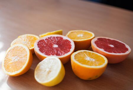 Pile of citruses cut in half and ready for squeezingの写真素材