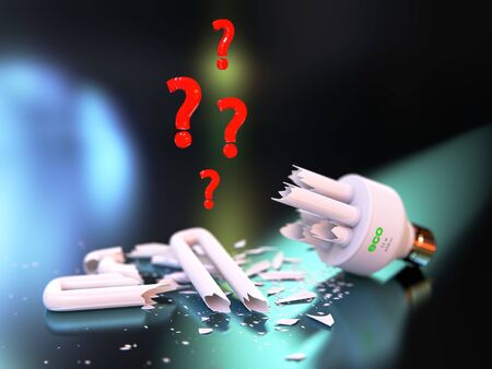 Detailed 3d render illustration of red question-marks, floating above a broken fluorescent...