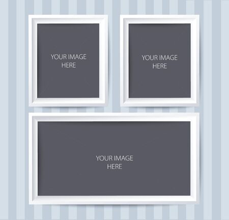 Set of white photo frames on stripes wall.