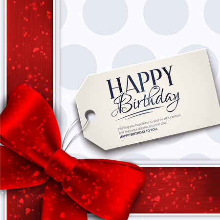Vector birthday card with red ribbon and birthday text on tag.のイラスト素材