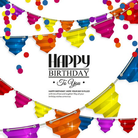Vector birthday card with bunting flags in the style of flat folded paper.のイラスト素材