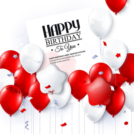 Birthday card with colorful balloons and confetti.のイラスト素材