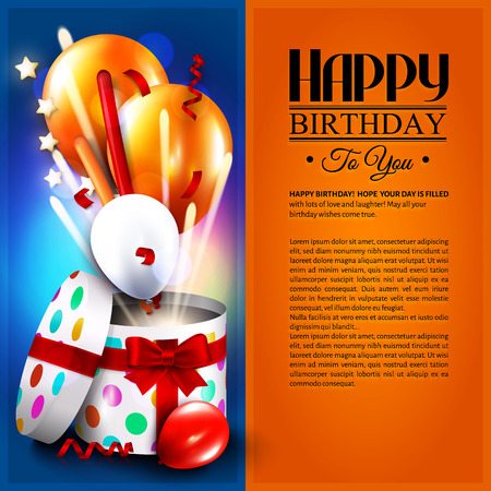 Birthday card with open gift box, balloons and magic light fireworksのイラスト素材