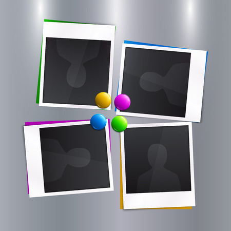 Vector set of empty photo frames with colorful magnets on the fridge.のイラスト素材