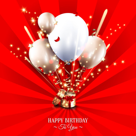 Birthday card with open gift box, balloons and magic light fireworks on the sun rays background.のイラスト素材