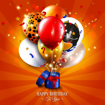 Birthday card with open gift box, balloons and magic light fireworks on the sun rays background.のイラスト素材