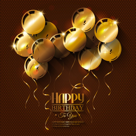 Vector birthday card with golden balloons and ribbons.のイラスト素材