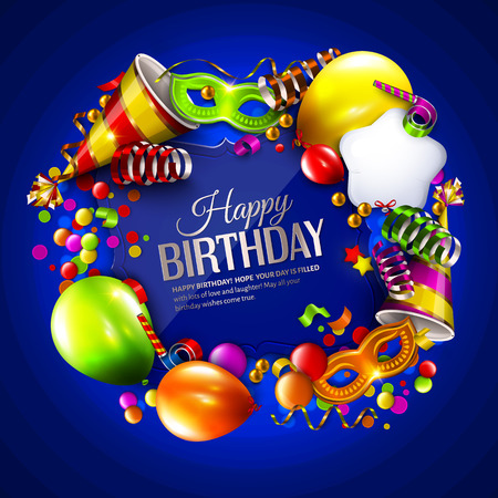 Vector birthday card with colorful balloons, curling ribbons, carnival mask, hat and confetti on blue background.のイラスト素材