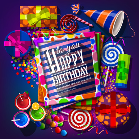 Birthday card with gift boxes, cocktails, lollipops, party hat, frames and confettiのイラスト素材