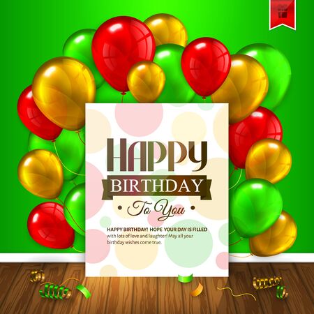 Birthday card with colorful balloons, confetti, wooden floor and paper with wishes text.のイラスト素材