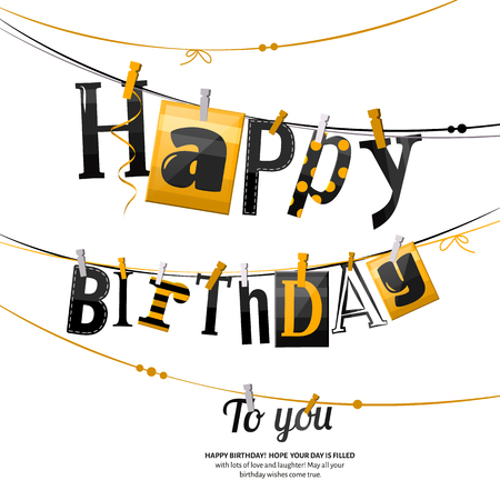 Birthday card. Clothespin and colorful letters hang on rope.のイラスト素材