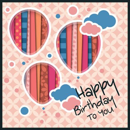 Birthday card in the style of cutouts with balloons and clouds on retro pattern background.のイラスト素材