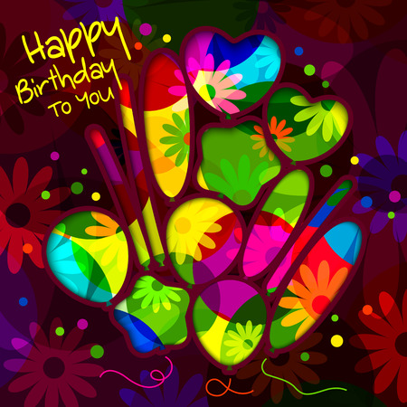 Birthday card in the style of cutouts with balloons on colorful flowers background.のイラスト素材