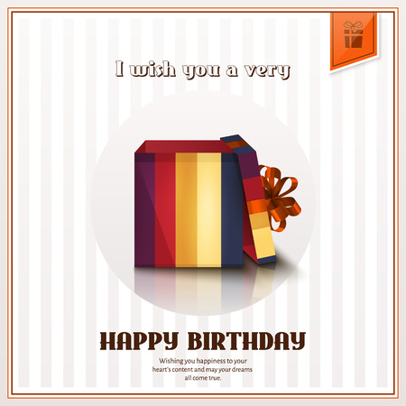 Happy birthday greeting card with open gift box and orange bow.のイラスト素材