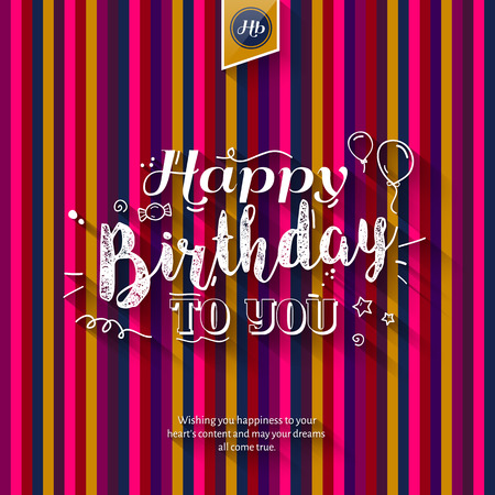 Happy birthday greeting card on colorful stripes background.のイラスト素材