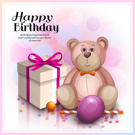Happy birthday greeting card. Gift box with pink ribbon, cute pink teddy bear and balloon. Vector.のイラスト素材