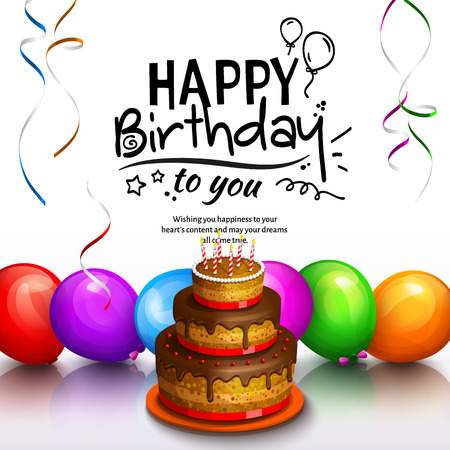 Happy birthday greeting card. Party multicolored balloons, cake, streamers and stilish lettering. Vector.のイラスト素材