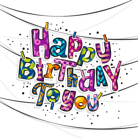 Happy birthday greeting card. Clothespins and colorful letters hanging on rope. Vector.のイラスト素材
