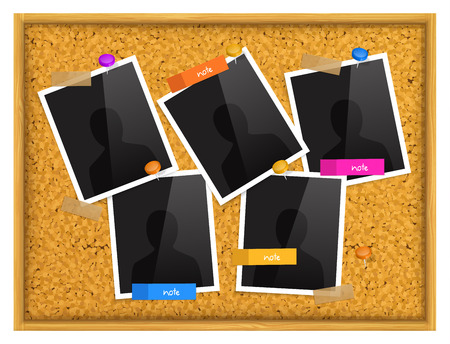 Cork notice board with photo frames, sticky notes, push pins and scotch tape. Vector.のイラスト素材