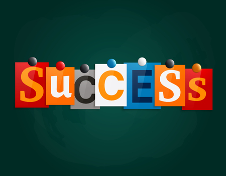 The word Success made from newspaper letters attached to a blackboard or noticeboard with magnets.のイラスト素材