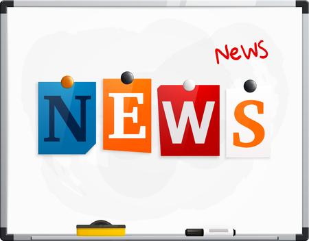The word News made from newspaper letters attached to a whiteboard or noticeboard with magnets. Marker pen. Vector.のイラスト素材
