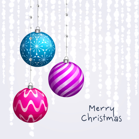 Christmas card. Xmas balls hanging on ribbons with pearls. Background with bokeh lights. Vector.のイラスト素材