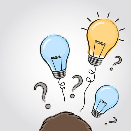 Thinking head with question signs and light idea bulb above. Hand drawn sign.のイラスト素材
