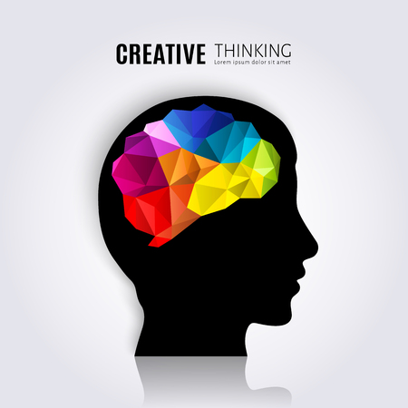 Creative mind. Concept of the human brain inside black head profile. Polygon style.のイラスト素材