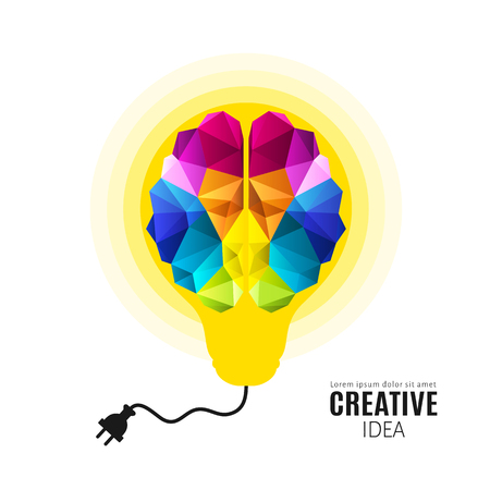 Creative concept of the human brain inside lightbulb with electricity wire. Polygon style. Vector.のイラスト素材