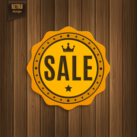 Retro vintage SALE badge, stamp, sticker, seal, tag, label on wooden background. Product promotion. Vector.のイラスト素材