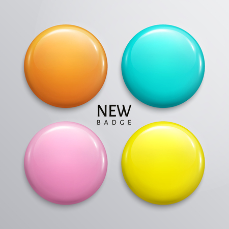 Blank glossy badges, pin or web button. Four pastel colors, yellow, orange, turquoise and purple. Vector.のイラスト素材