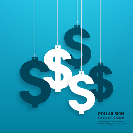 Dollar signs hanging on the ropes on blue background.のイラスト素材