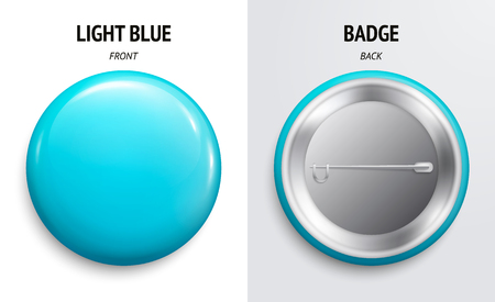 Blank light blue glossy badge or button. 3d render. Round plastic pin, emblem, volunteer label. Front and Back Side. Vector illustration.のイラスト素材